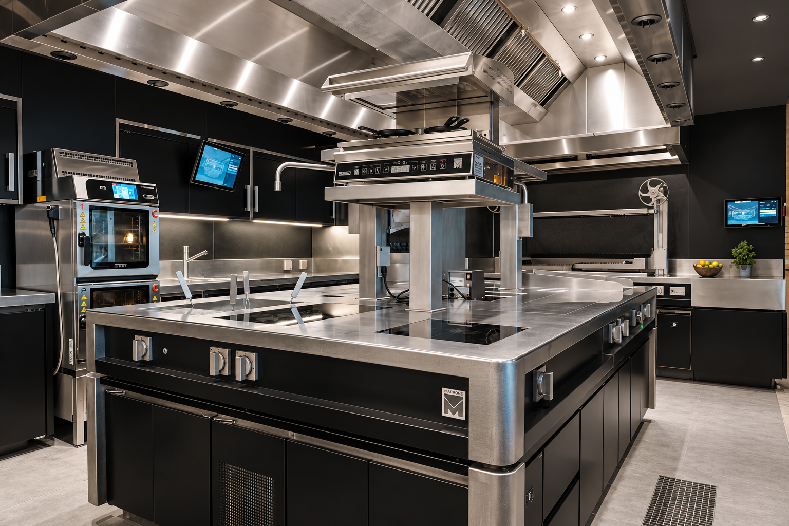 Custom cooking island Marrone στην επαγγελματική κουζίνα του Daios Cove από την XENEX.