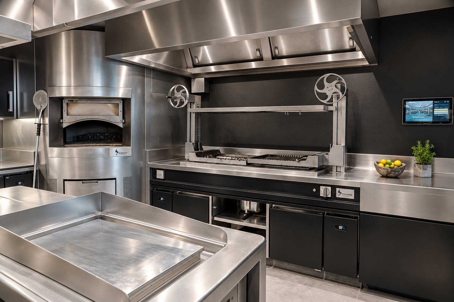 Custom Hearth Oven και Parrilla Charcoal Station Phoenix στην κουζίνα του Daios Cove από την XENEX.